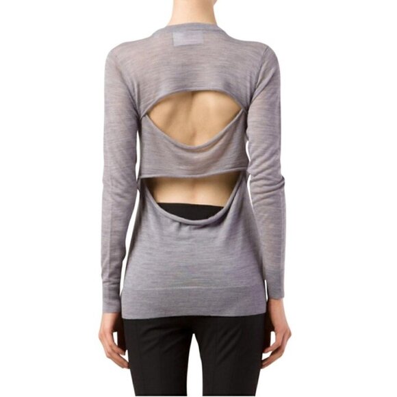A.L.C. Top L Long Sleeve Knit Merino Wool Open Cut Back Gray - Picture 1 of 9